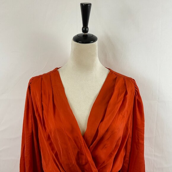 City Chic Opulent Dress XS 14 Orange Amber Crossover Neck Long Sleeve Faux Wrap - Picture 2 of 14
